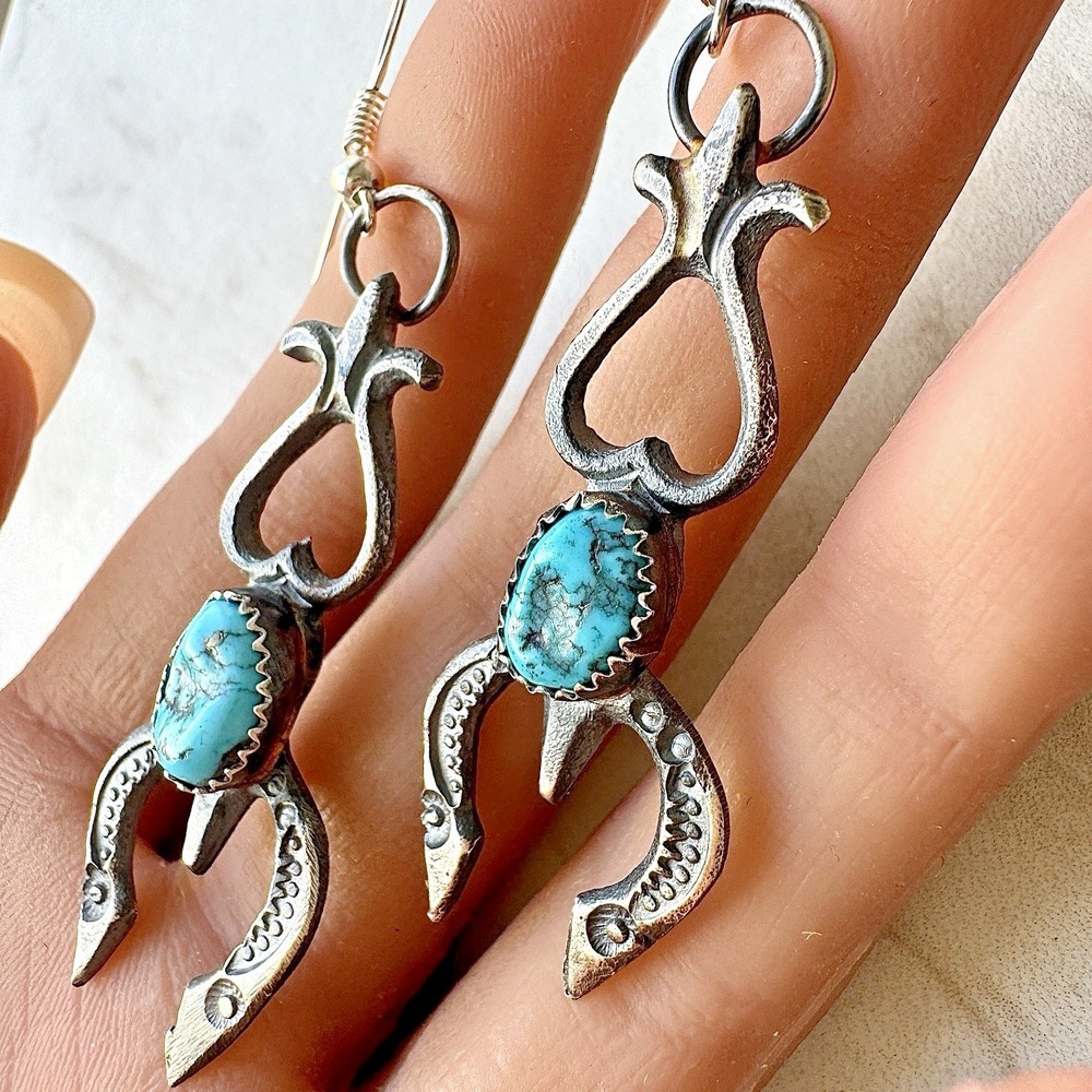 Navajo Naja Earrings Turquoise 2.5in Sterling 925 Squash Blossom Hook Nugget USA